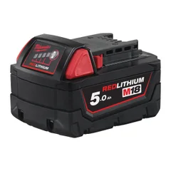Milwaukee M18 B5 5,0 Ah batteri vist fra siden og ovenfra